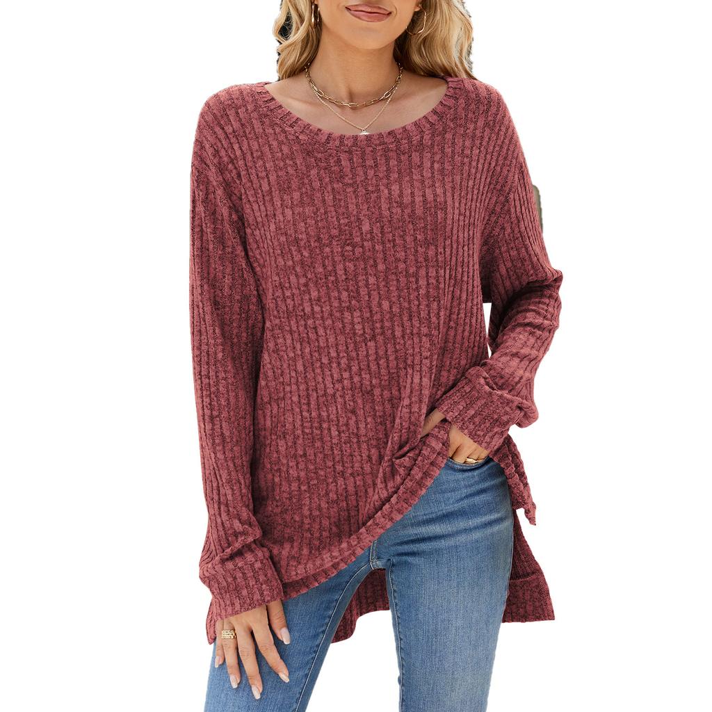 Women's Round Neck Long Sleeve Knit Top Loose Fit Commuter Style Brushed Ribbed Split Hem Casual Pullover Tunic Top