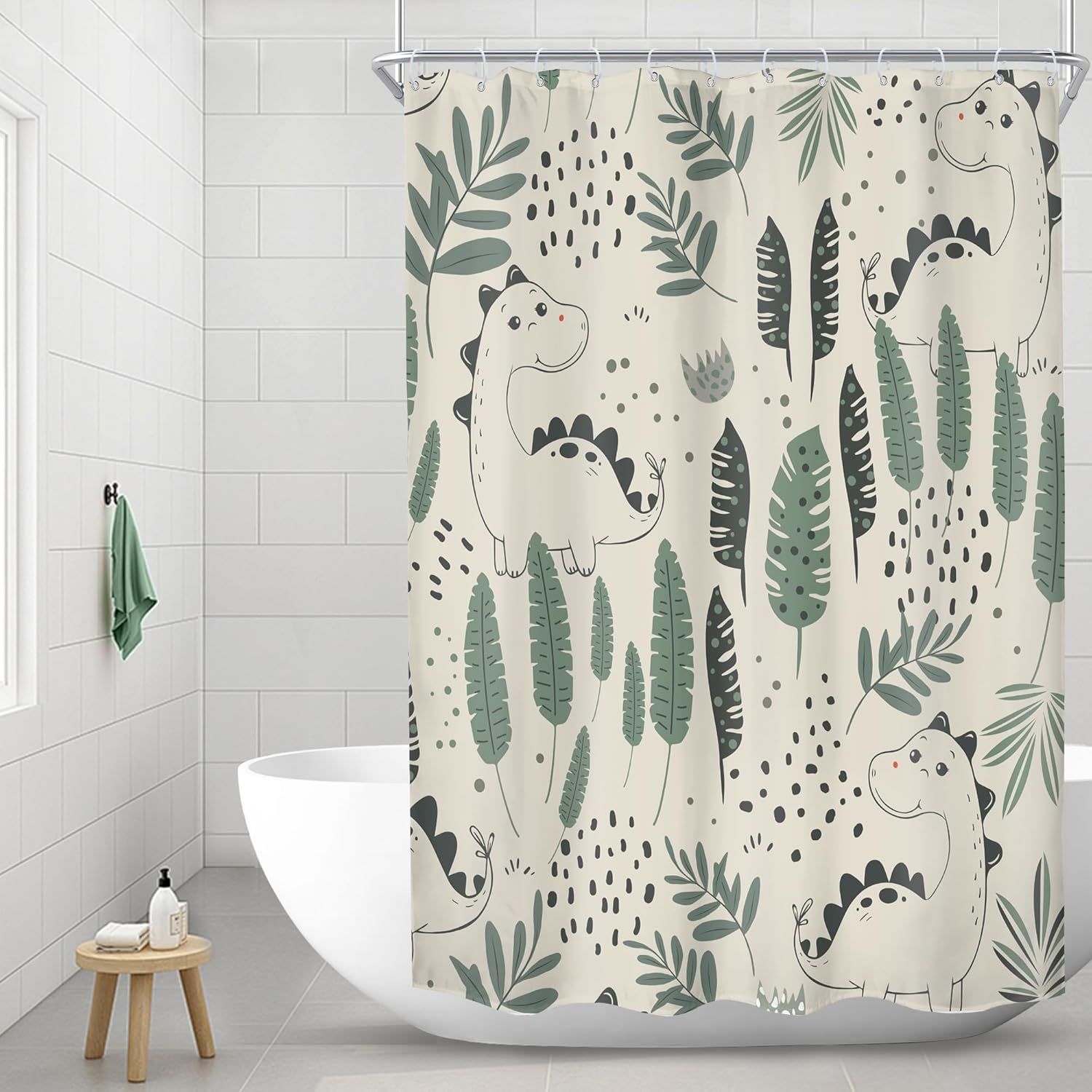 

Kids Funny Dinosaur Shower Curtain Stall Small Cute Green Cartoon Dino Animals Tropical Leaves Plant Beige Lovely Bathroom Decor W60H190(CM)-1 Pcs