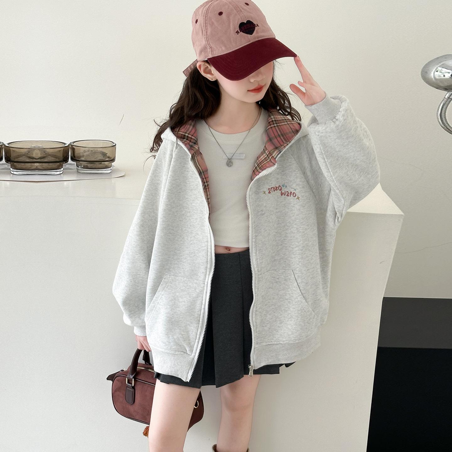 

Girls Plaid Zipper Jacket - Fashionable Spring/Autumn Hoodie Cardigan 2025 130 cm