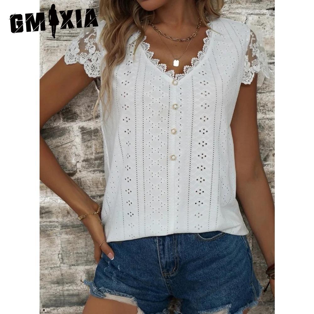 

GMXIA Женские модные повседневные однотонные блузки и рубашки с короткими рукавами и v-образным вырезом с принтом S белый