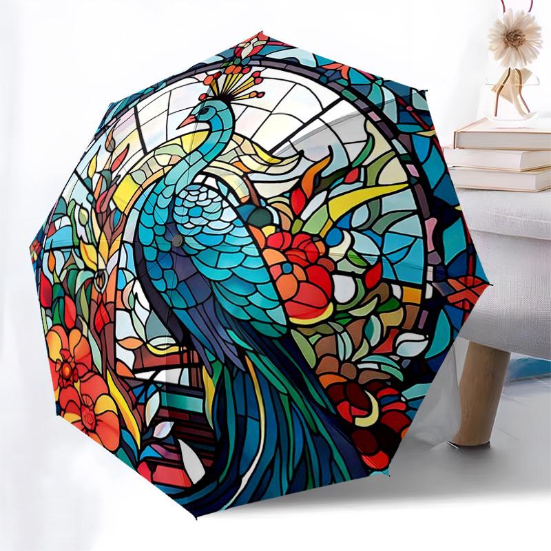 

1pc Stained Glass Peacock Design Automatic Folding Umbrella with 3-Fold Design, Iron Frame, Outdoor Use, Festival Gift, Suitable for Fans, Travel, Dai