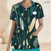 Women Plus Size Dark Green Printed Scrub Top V Neck Short Sleeve With Front Pockets