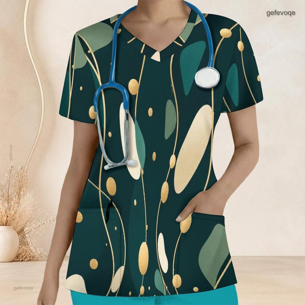 Women Plus Size Dark Green Printed Scrub Top V Neck Short Sleeve With Front Pockets