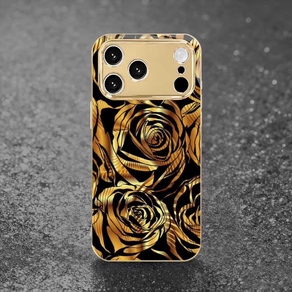 Luxury Black & Gold Rose mobile phones Glass phone case for iphone 17 pro max cover for iPhone 17 16 15 14 13 12 11pm Pro Plus