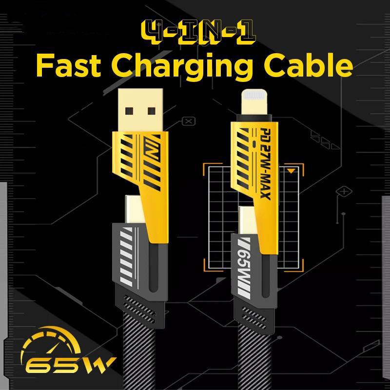 4-in-1 Fast Charging Cable, Data Transmission, PD 65W, Flat Braided Charger Cable with Type C/USB A for Mobile Phones/tablets/headphones Etc.