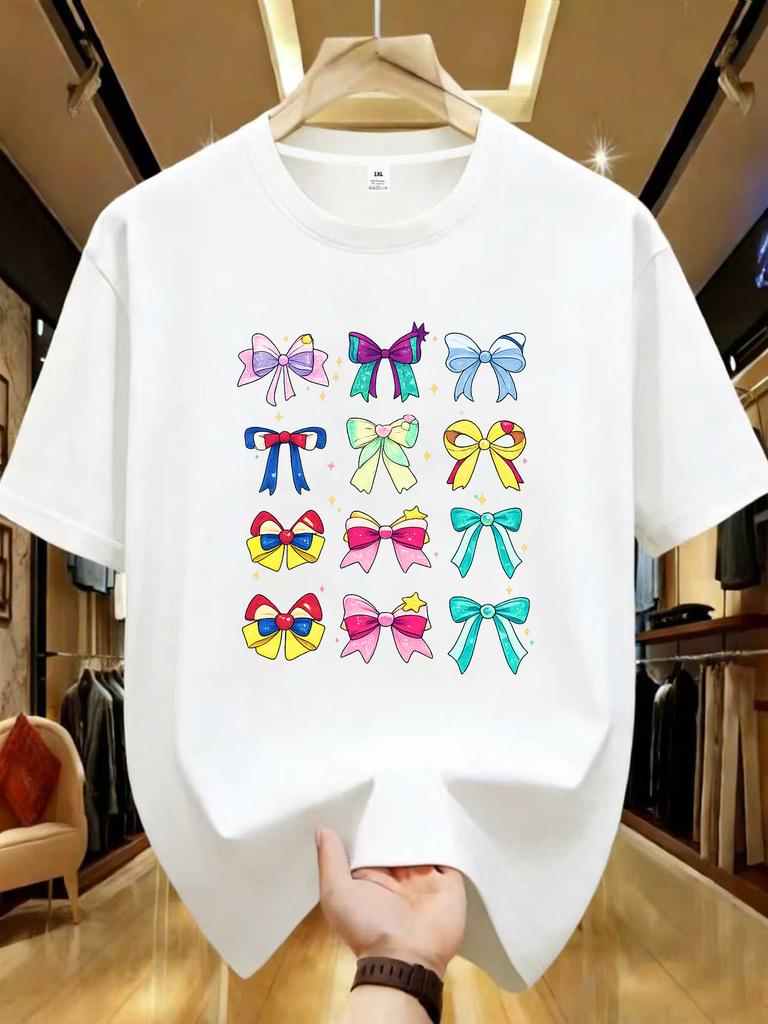 Wds0127colorful Bow Print Plus Size Unisexs Round Neck Tshirt Summer Casual Short Sleeved Top Street Fashion Versatile