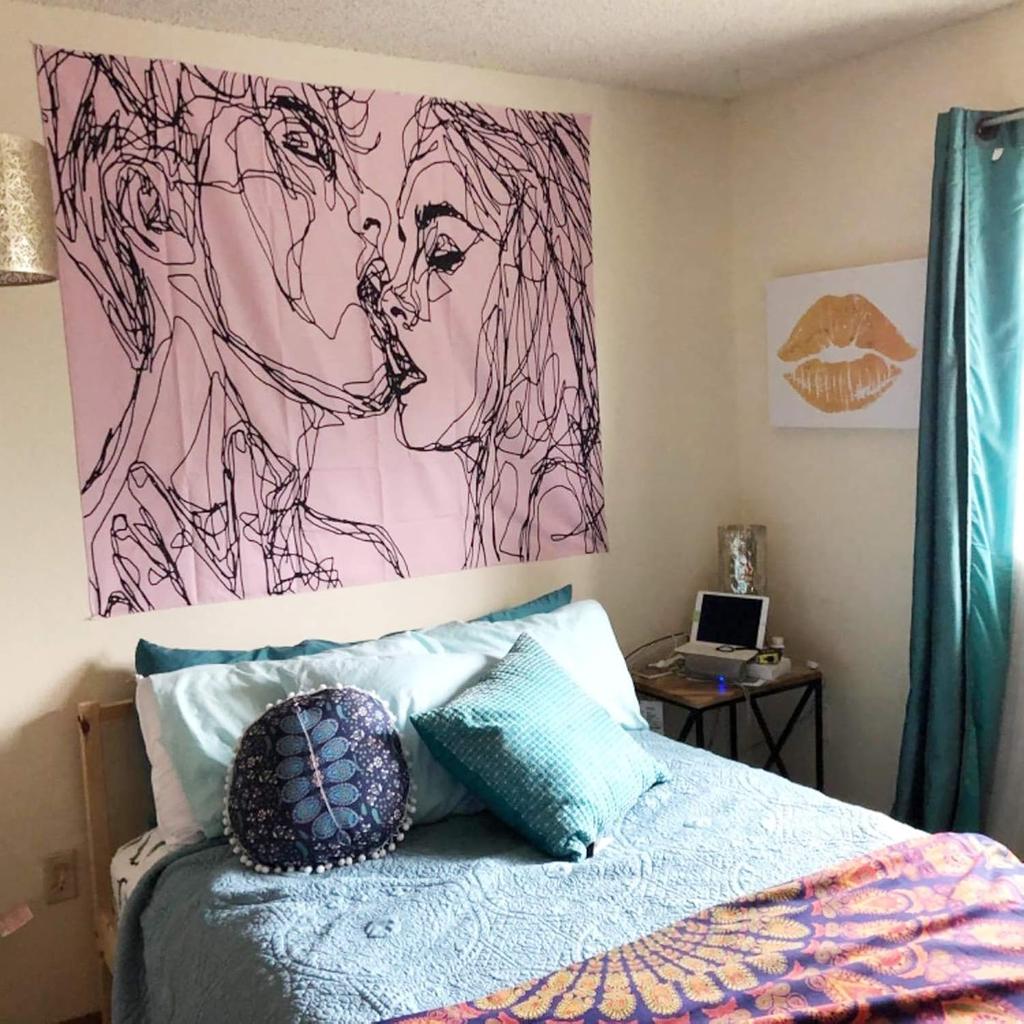 Ruibo Women/men Kissing Tapestry Wall Hanging Pink Decor Line Art Home Decor/Lovely Bedroom Living Room Dorm Wall Hanging Tapest