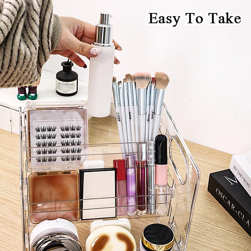 Three-Layer Transparent Multi-Functional Desktop Storage Rack With Portable Handle Transparent