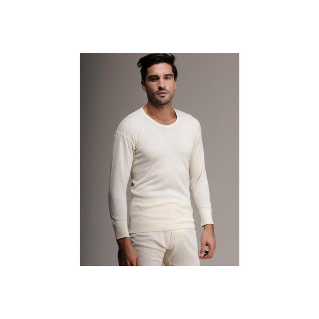 Men's White Long Sleeve Wool Undershirt Top And Bottom Set