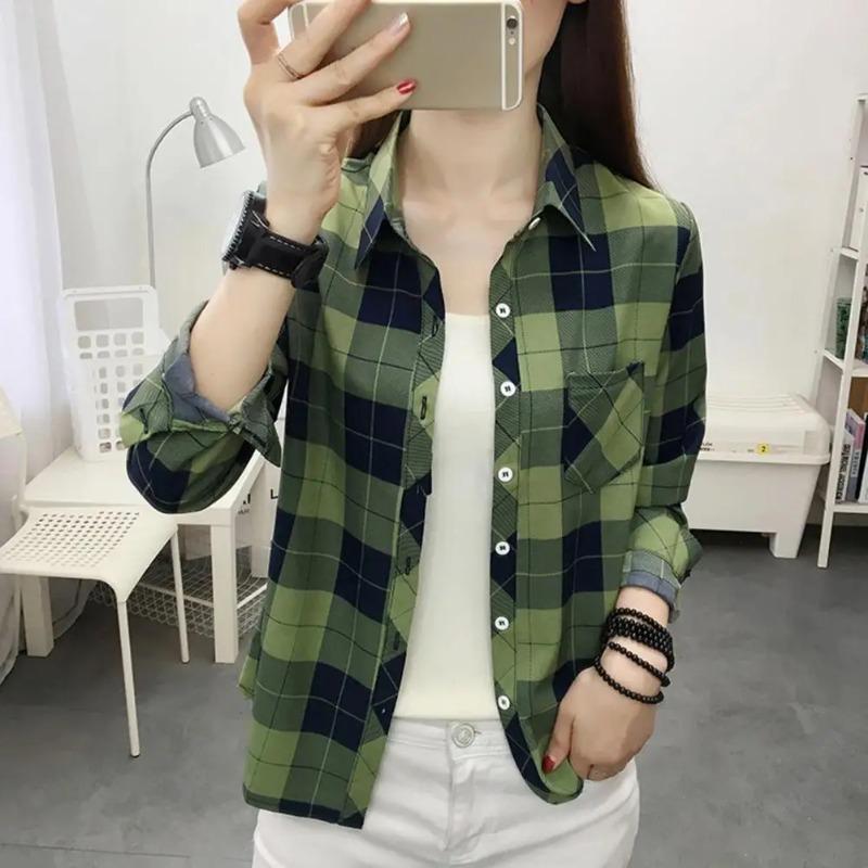 Women Shirt Long Sleeve All Match Single-breasted Casual Soft Dressing Up Polyester Plaid Print Women Shirt Top Female Clothing