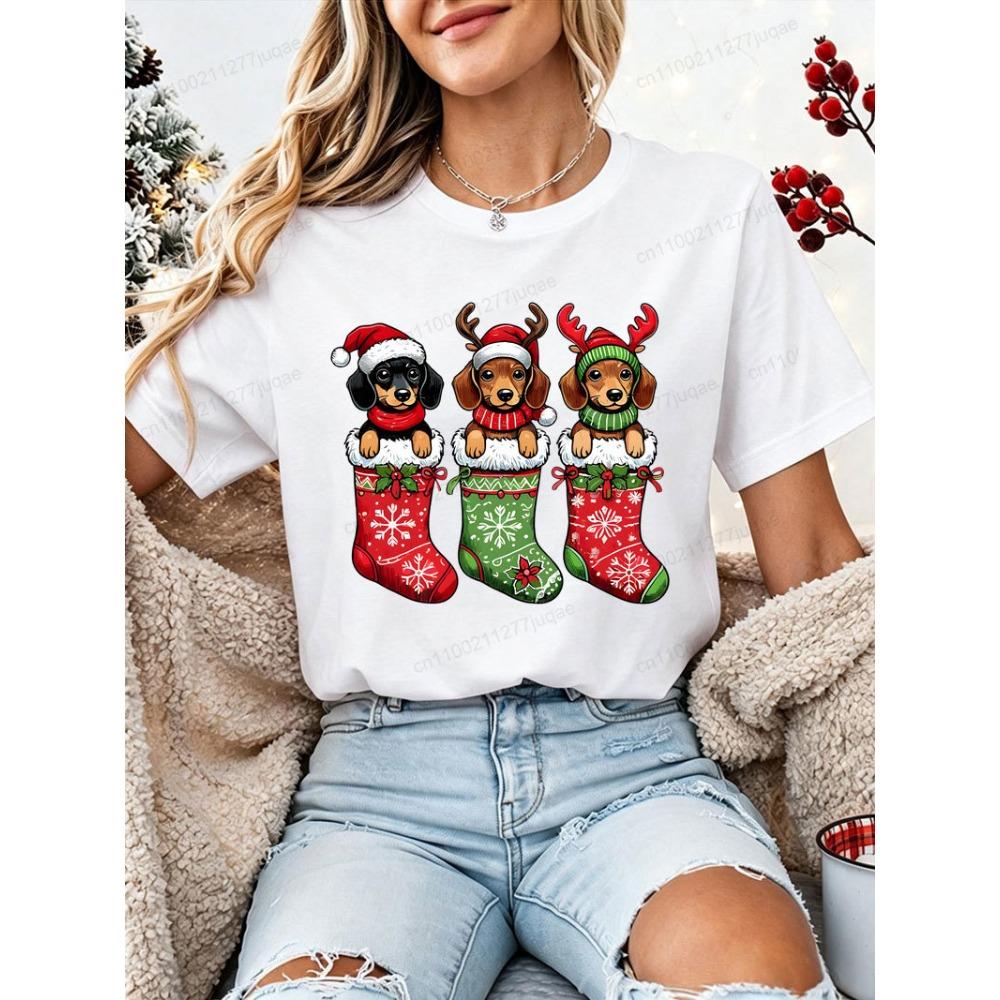 Christmas Dachshund Dog T‑Shirt Women Xmas Stocking Santa Hat Print