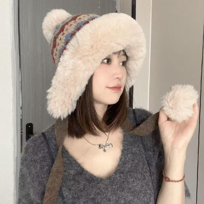 Hat Women's Autumn and Winter Color Knitted Plush Bucket Hat Warm Windproof Ear Protection Pullover Basin Hat Tide Mongolian Hat