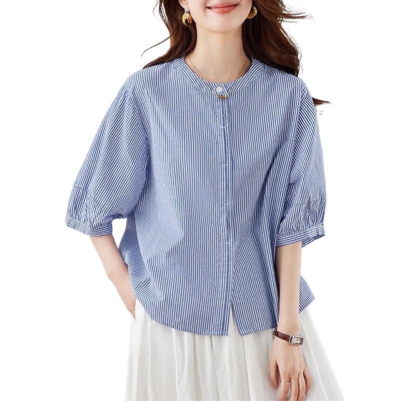 ZANZEA Damen Sommer Rundhals Halbarm Lässige Streifenbluse