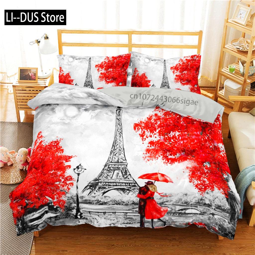 Duvet Cover Eiffel Tower Romantic Couple Flower King Comforter Cover Microfiber France Paris Cityscape Bedding Set For Teen