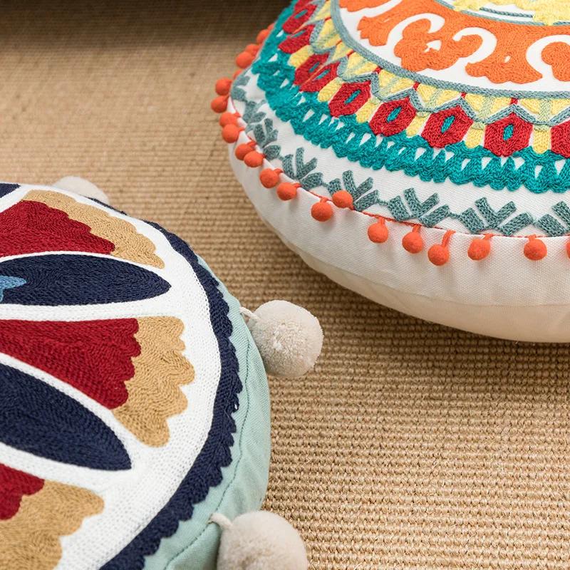45cm Moroccan Ethnic Round Cushion Cover Mandala Floral Embroidery Home Decor Living Room Throw Pillow Case Ball Decorative