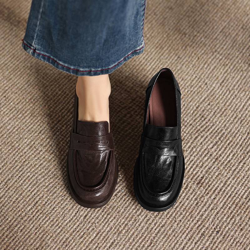 Krazing Pot Sheepskin Round Toe Thick Med Heels Spring Shoes Slip On Big Size 42 Loafers Women Platform Pumps