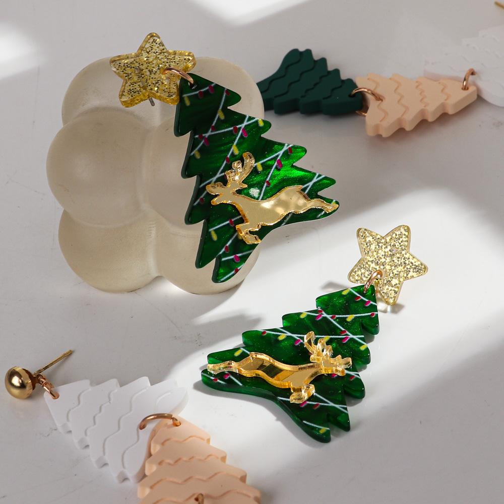New Long Christmas Tree Acrylic Earrings for Women Fashion Xmas Trees Mirrored Elk Drop Earring Party Jewelry Gifts