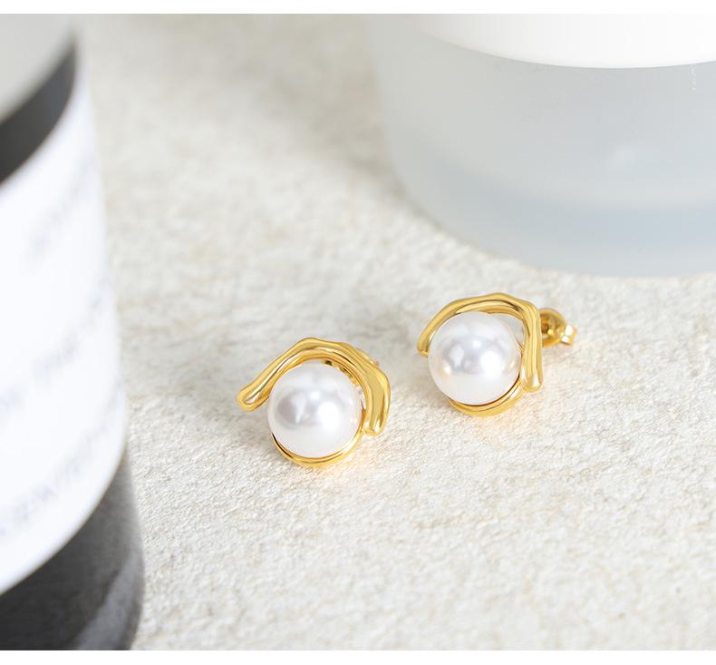 18K Gold Plated Imitation Pearl & Titanium Steel Earrings for Women