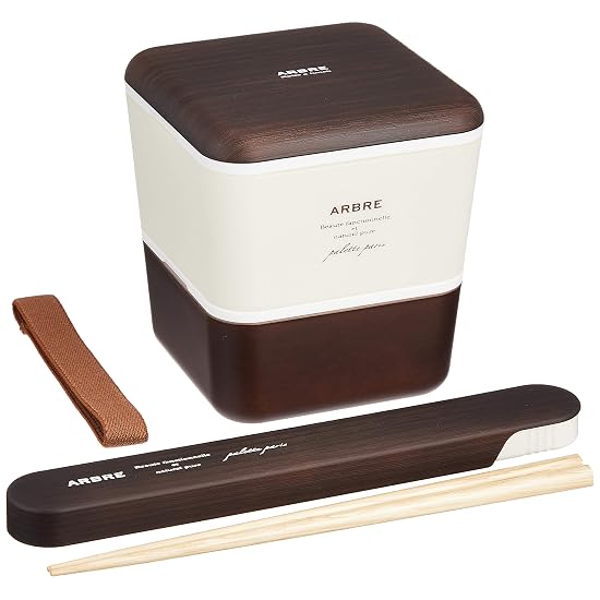 ARBRE Square Nest Lunch Box & Wood Grain Chopstick Case Set Brown 276871 360ml - B0747QSHN6