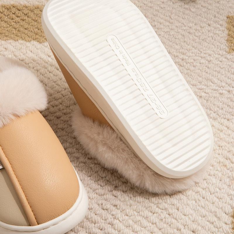 Winter Warme Zuhause Pelz Damen Hausschuhe Luxus Wasserdicht PU Leder Plüsch Paar Baumwollschuhe Indoor Schlafzimmer Flache Absätze Flauschiger Slipper