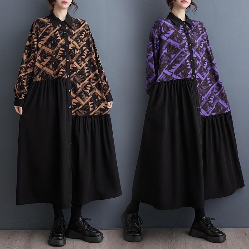 Jarní a podzimní dámské šaty volné nadměrné velikosti s potištěným spojováním, středně dlouhé literární retro šaty s dlouhým rukávem