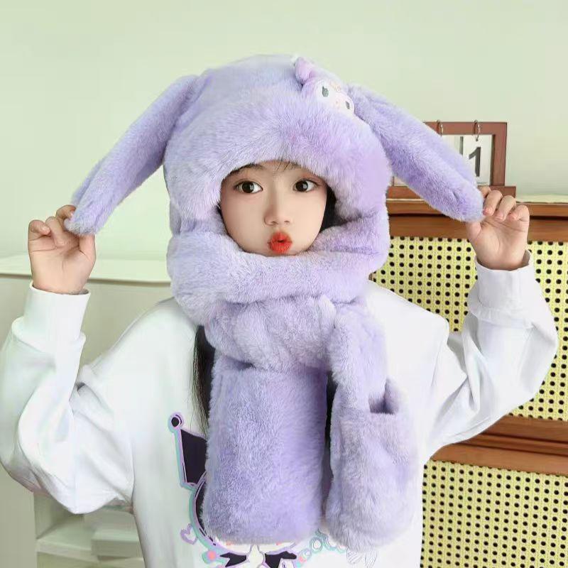Cute Rabbit Ear Children's Hat & Scarf Combo - Plush, Warm, and Movable Ears for Girls.