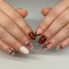 24PCS Autumn Brown French Oval False Nails Sweet Bowknot Polka Dots Patterns Oval Fake Nails for Women Almond Press On Nails Tip