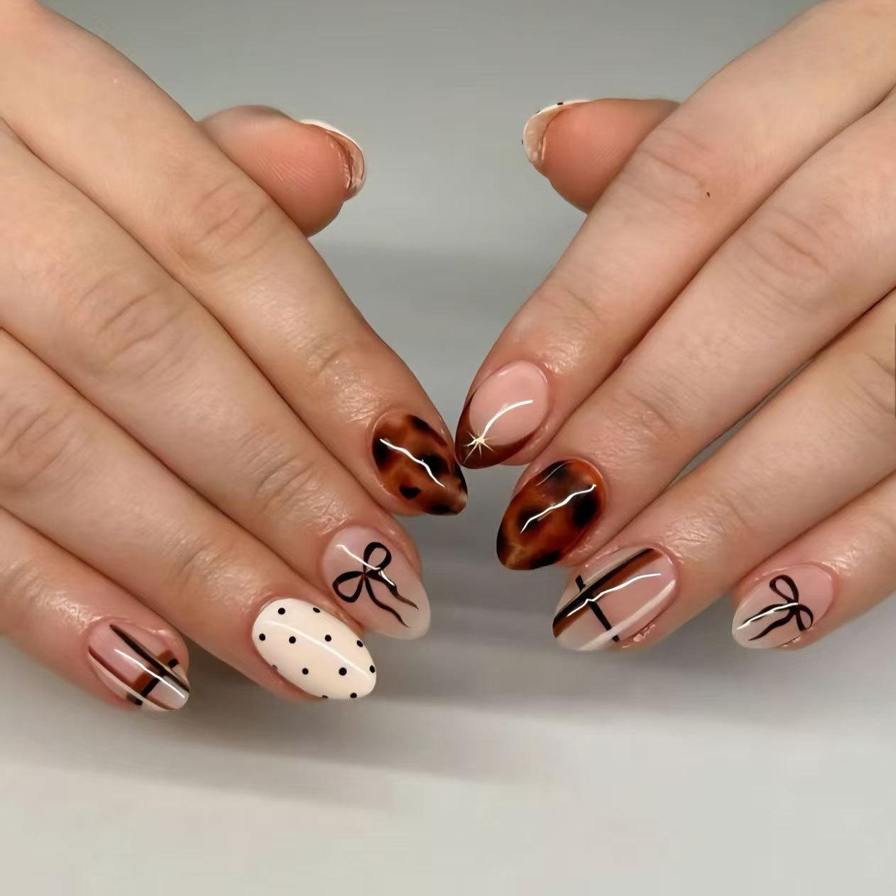 

24PCS Autumn Brown French Oval False Nails Sweet Bowknot Polka Dots Patterns Oval Fake Nails for Women Almond Press on Nails Tip