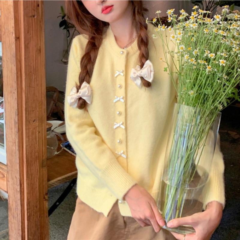 Korean Spring Autumn Sweet Style Youthful Red Bow Fashion Knit Cardigan Sweater