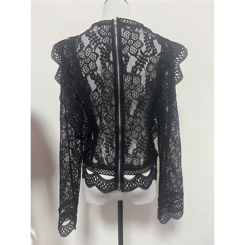 Solid Color Bottoming Sexy Hollow Lace Long-sleeved Women's Lace Shirt Jacket Top