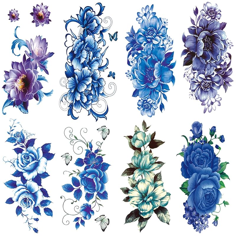 

MOICUU tattoo sticker rose blue blue flower 8 pieces set tattoo tattoo purple rose loin body sticker Fashionable waterproof summer long lasting arm