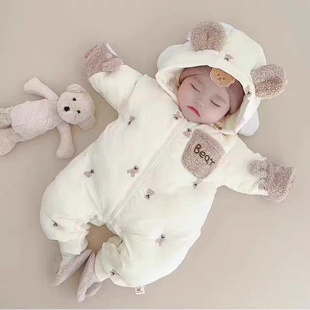2025 Fleece-lined Hooded Infant Romper - Warm Cotton Jumpsuit for Boys and Girls