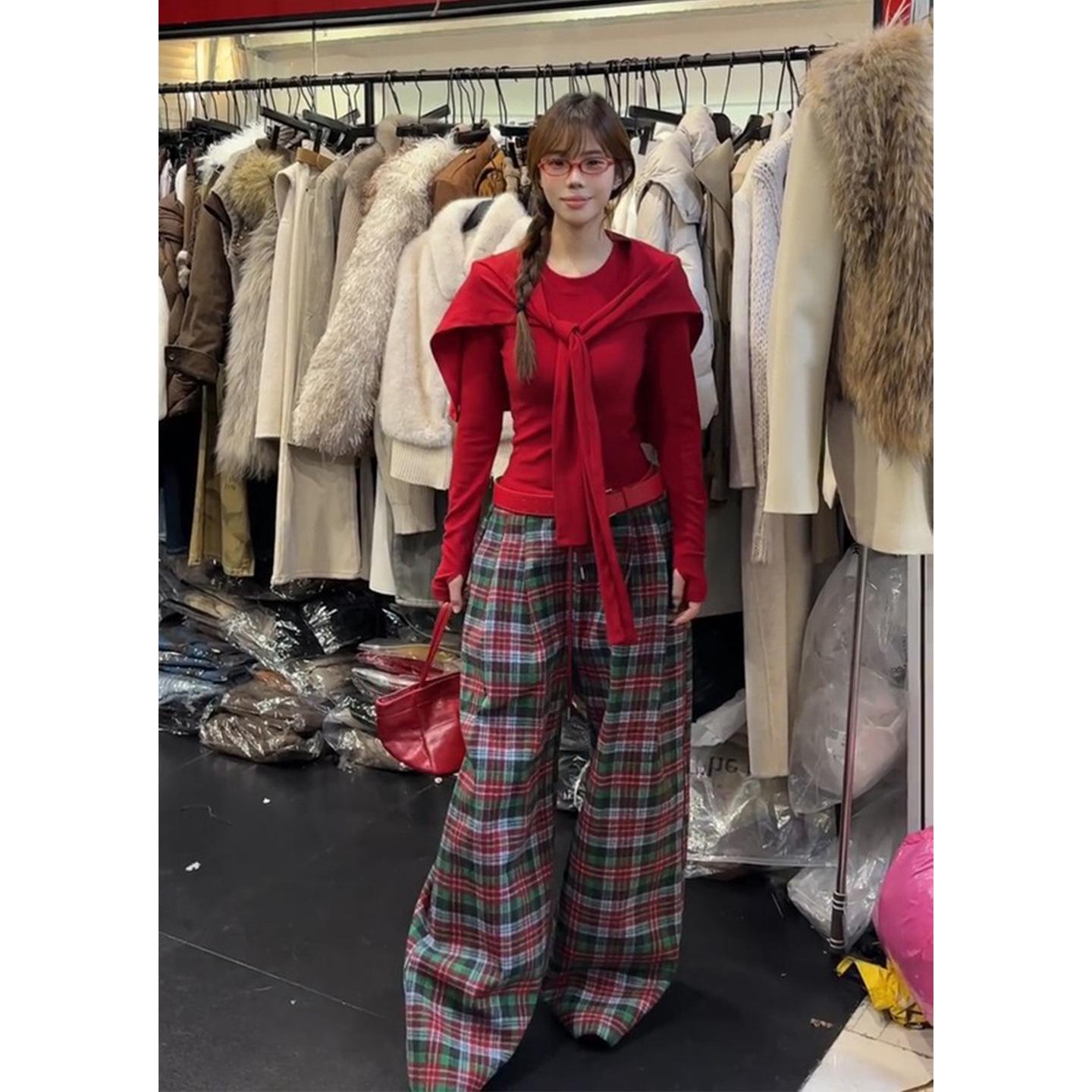 

Korean Style Christmas Shawl Top & Retro Plaid Wide-Leg Pants Set for Women 2XL (63-70 kg)