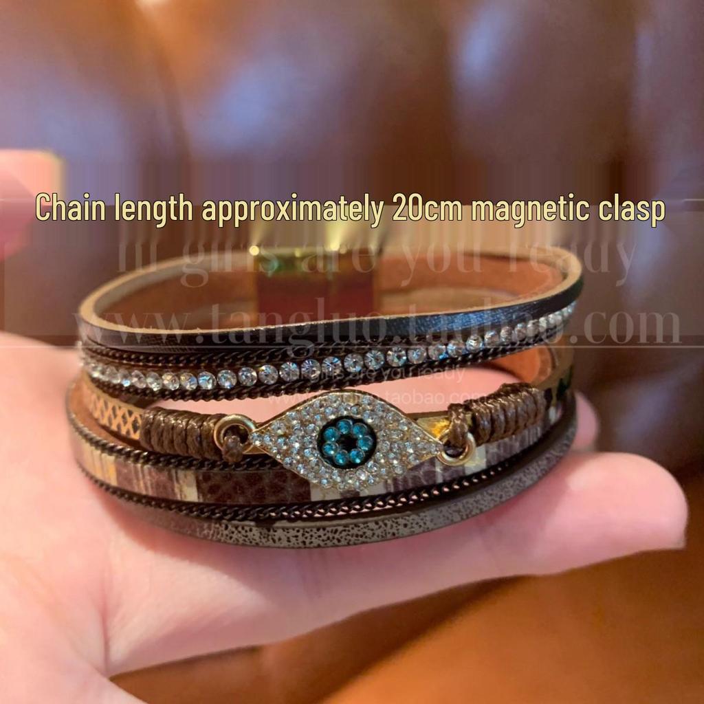 Retro Leather & Diamond Devil's Eye Magnetic Bracelet - Bohemian High-End Jewelry