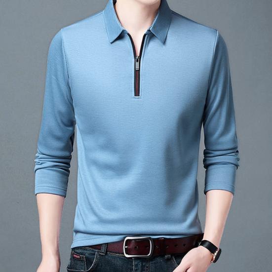 Camisa masculina de cor sólida, camisa de negócios com lapela, zíper, decote, manga comprida, pulôver, primavera, outono, slim fit, camiseta de trabalho