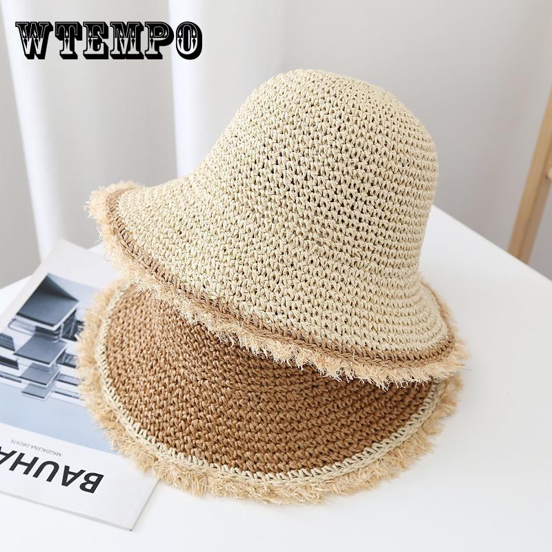 Raw Edge Woven Straw Hat Sun Hat Summer Women's Flat Top Bucket Hat Seaside Vacation Sun Hat Beach Hat