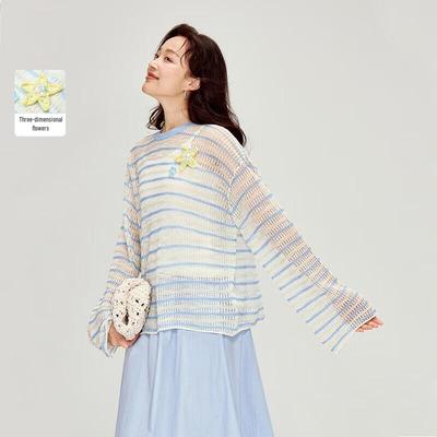 INMAN Striped Shell-Decorated Hollow-Out Round Neck Knit Top