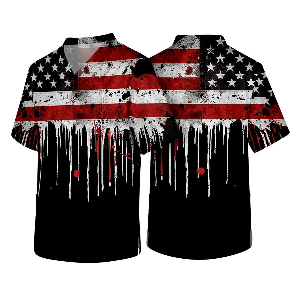 Men's V Neck Scrub Top with Chest Pocket American Flag Print Short Sleeve Medical Uniform Shirt for Healthcare Professionals