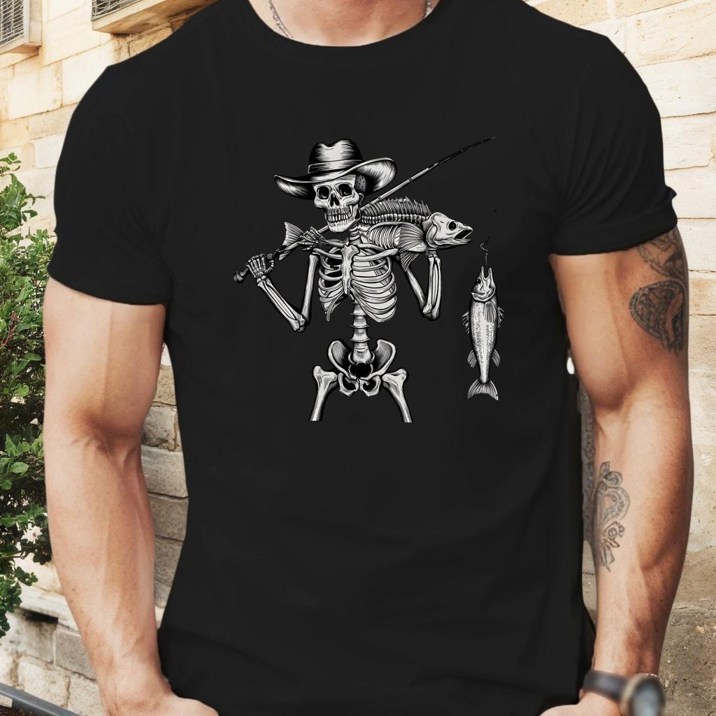 Men Skeleton Fisherman Graphic T-Shirt Short Sleeve Round Neck Tee with Edgy Fishing Theme Design Clothing