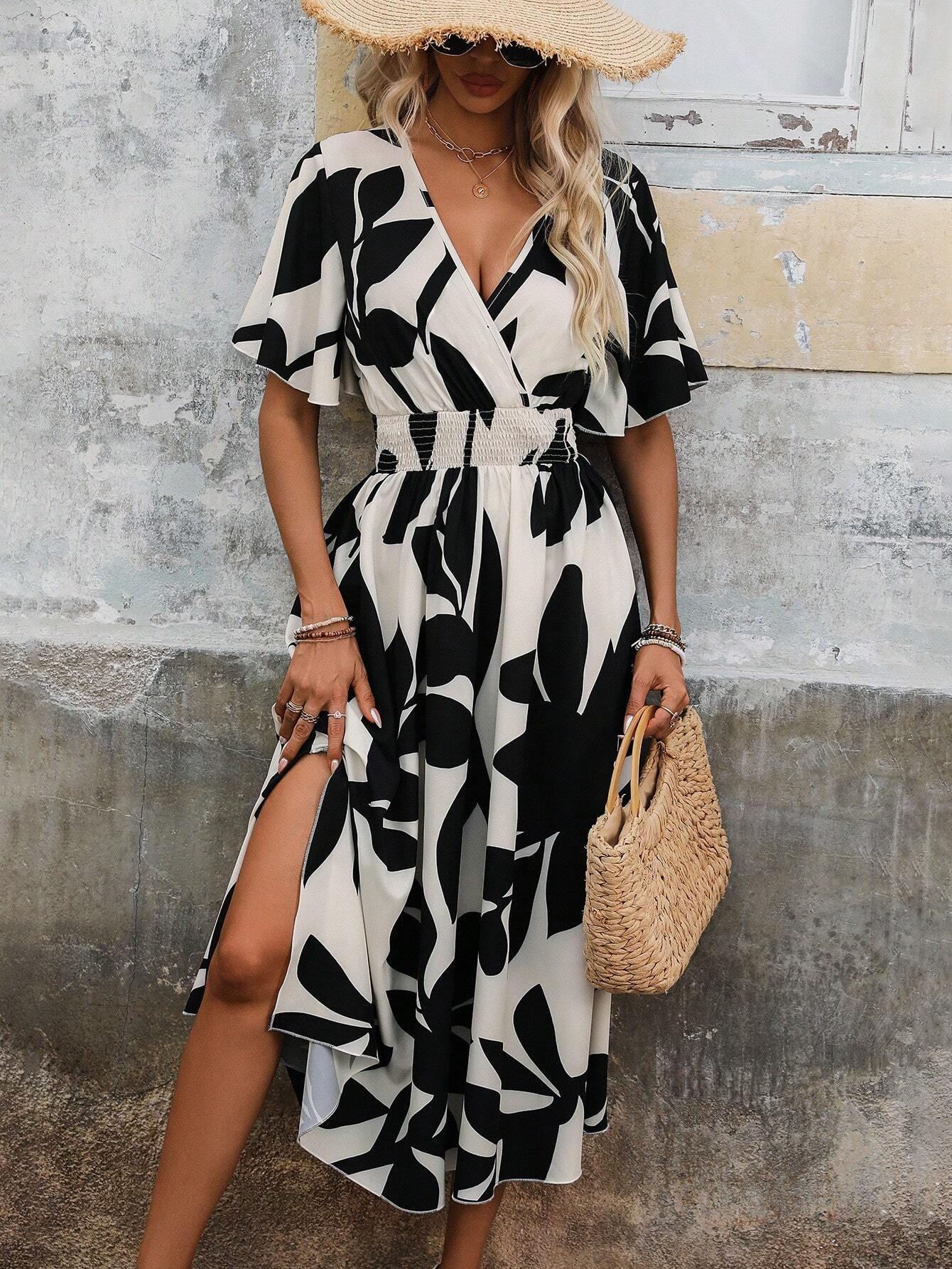 

Summer Elegant Women Cross Neck Belt Floral Print Slit Maxi Dress Short Sleeve Mature Style French Retro Patchwork Slim Sexy Elegant Women Maxi Dress S абрикосовый