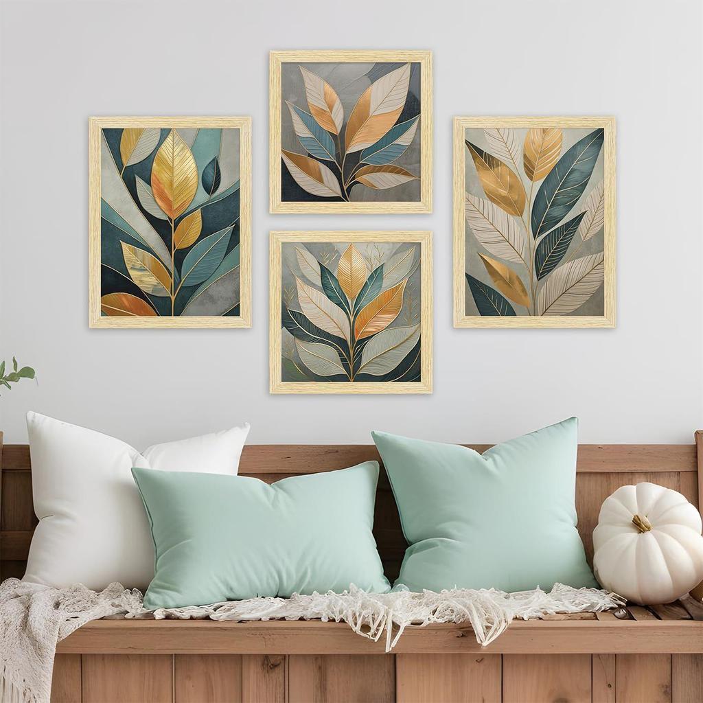 Paper Golden Leaves Botanical Art Paintings With Frame for Home Decor, Wall Painting for Living Room, Multicolor, Set of 4