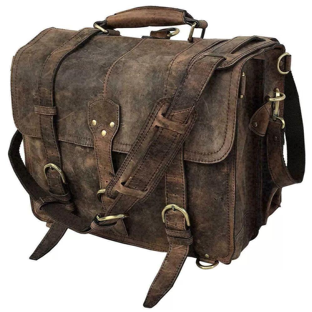 Vintage Brown Genuine Buffalo Leather Messenger Bag 16"Laptop Briefcase Satchel