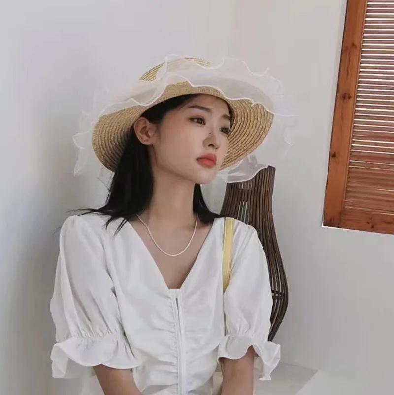 Elegant White Lace Wide Brim Sun Hat For Women Girl Imitation Pearls Flat Brim Beach Straw Hat Outdoor Sun Protection Panama Cap