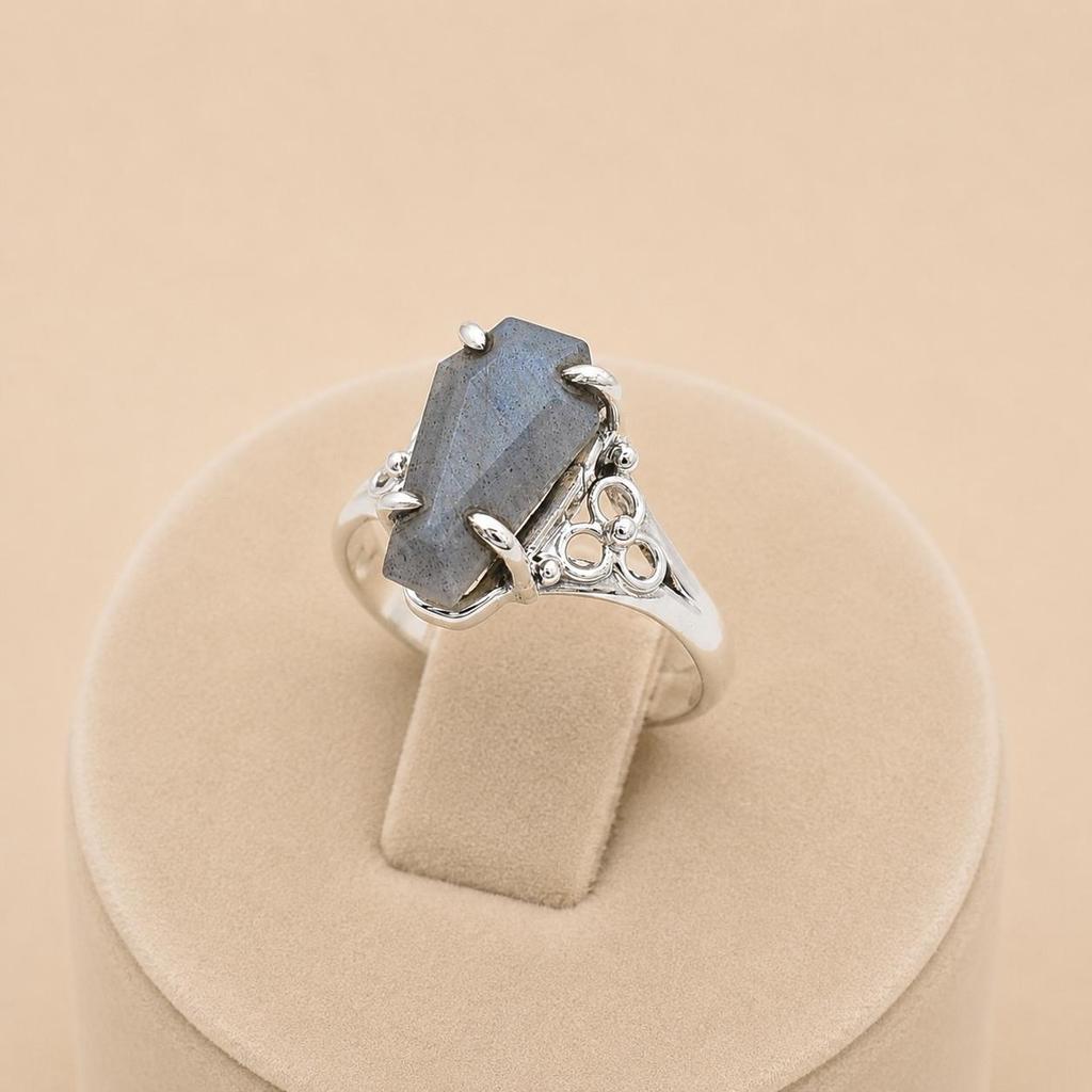 Labradorite Coffin Ring In 925 Sterling Silver, Handmade Gothic Flashy Gemstone Ring, Witchy Boho Jewelry for Women