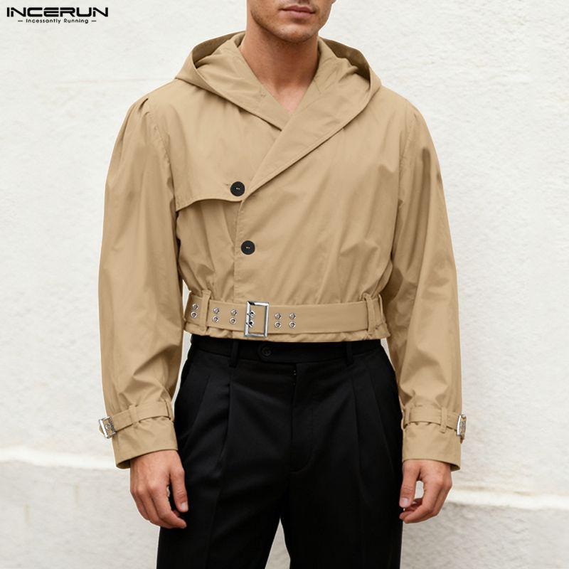 INCERUN Men Long Sleeve Casual Loose Short Hooded Cargo Jackets Tops