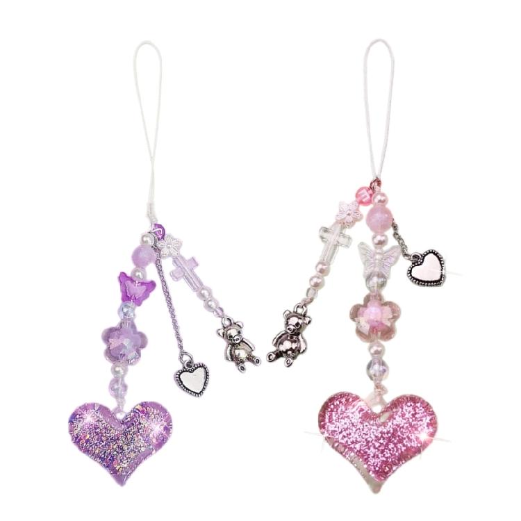Simple Bear Heart Flower Acrylic Imitation Pearl Beaded Phone Chain for Women 1
