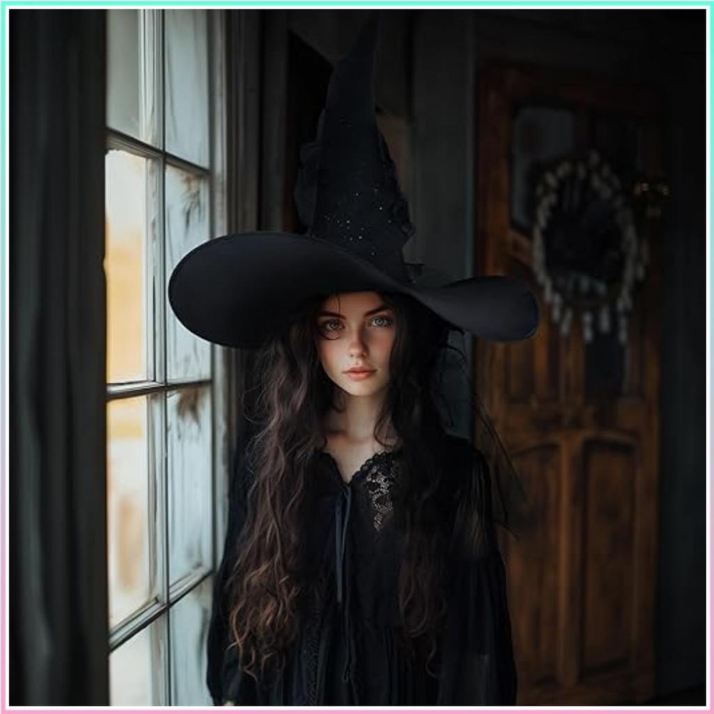 Large Witch Hat with Star Mesh Overlay and Extended Velvet Brim Adjustable Size Halloween Costume Accessory for Adults and Teens