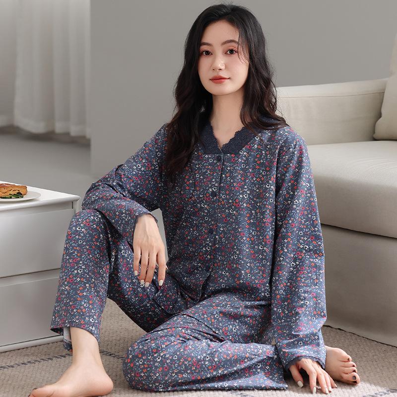 Pajamas Women's Spring and Autumn Cotton Long-sleeved 1011 New Autumn and Winter Middle-aged Mother Casual Large-size Loungewear Set