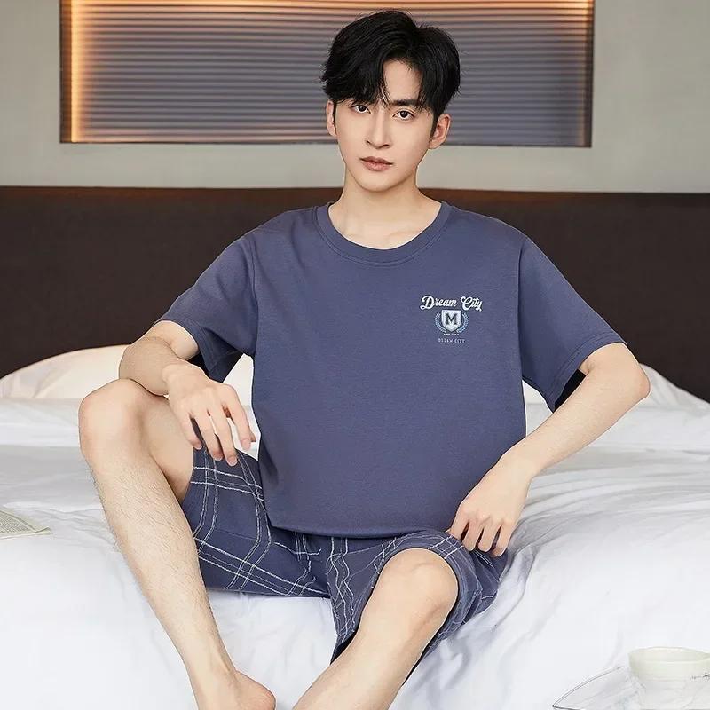 Cotton Men's Pajamas Top and Pants Loungewear Athletic Casual Loose Nightwear Set Solid Sleepwear Homewear Two Piece Suit