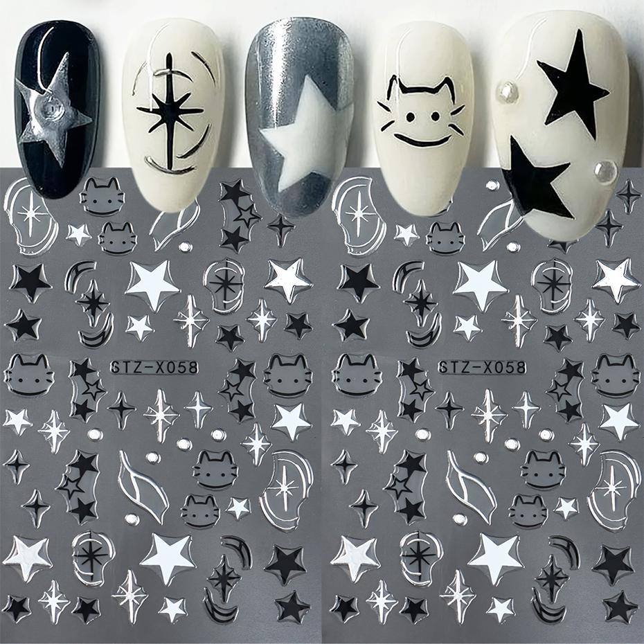 Black Silver Cat Animals Nail Sticker Decals Y2K Charms Cute Dog Cartoon Adhesive Sliders Foils For Manicure Nail Art Decoration